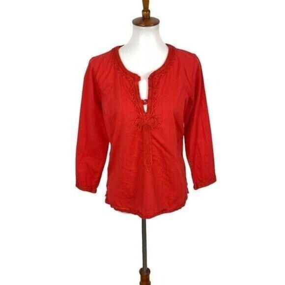 Calypso St Barth Red Embroidered Boho Cotton Blouse S Keyhole Neckline Chic - Picture 1 of 8